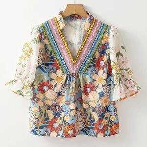 Floral Multicolor Blouse with V-Neck